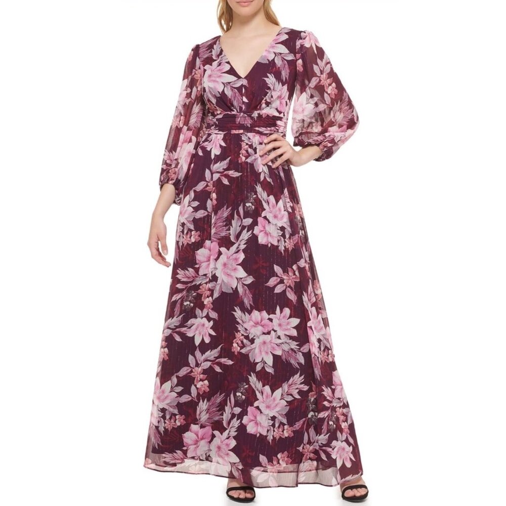 X1 53. NWT Jessica Howard Burgundy Pink Floral Maxi Dress 16W, WeddingElegant